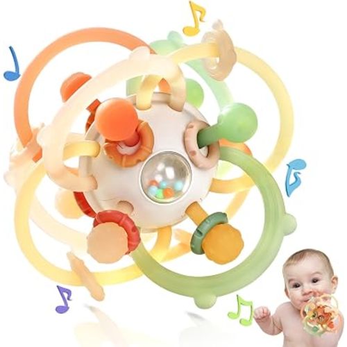 Baby Rattle Teething Toys, Baby Ball Teether Toys for 0 3 6 9 12 18 Months, Silicone Montessori Teethers with Rattle Ball for Newborn Infant, Sensory Delopmental Gift for Boys Girls, Brown