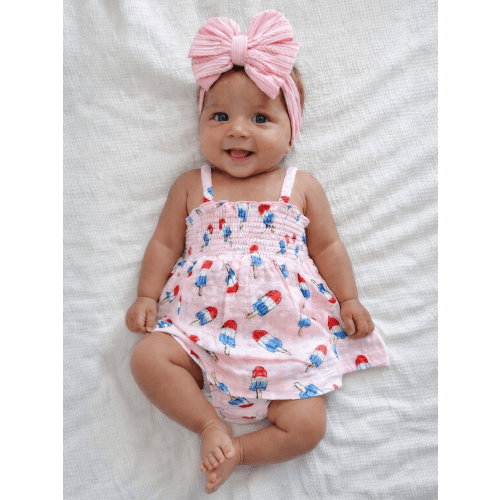 Muslin Smocked Top & Bloomer, Pink Red, White & Blue Popsicle