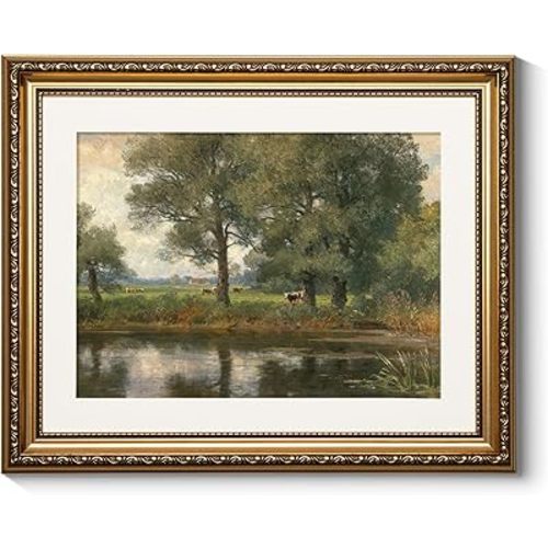 ARPEOTCY Vintage Gold Framed Wall Art, Retro Riverside Landscape Paintings, Canvas Prints Pictures Frame Artwork, Victorian Wall Decor for Living Room Bedroom Bathroom, 13x16 inch