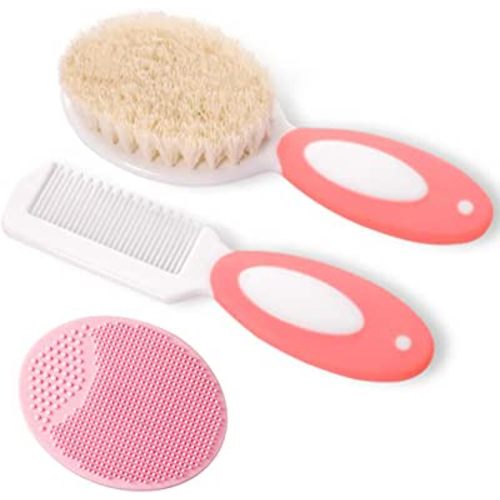 Baby Hair Brush and Comb Set for Newborns & Toddlers，Natural Soft Bristles，Ideal for Cradle Cap， Baby Registry Gift (Pink)