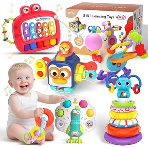 usrela 5 in 1 Baby Toys for 12 18 Month, Learning Toy for Babies 12-18 Months, Baby Busy Cube, Stacking&Sensory, Pull String&Piano Xylophone Toy, Birthday Gift for 12+ Month