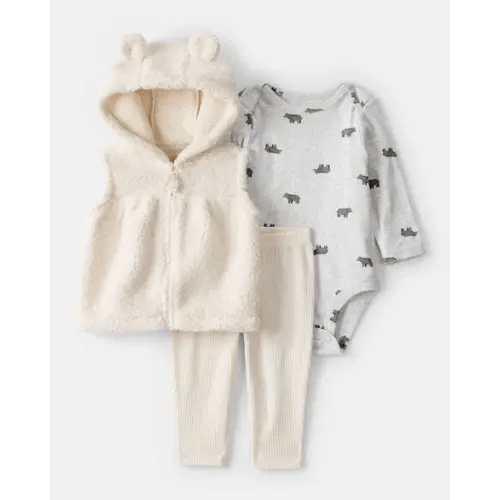 Baby Girl 3-Piece Bear Print Sleeveless Jacket, Bodysuit & Pant Set - White | Carter's