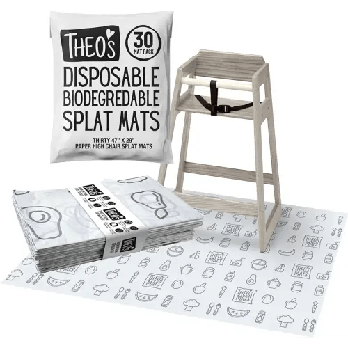 30 Pack | Disposable Splat Mats | Biodegradable + Compostable | THEO'S MATS | Under Highchair Splat Mat for Floor | Baby Led Weaning Supplies | (THEO001)