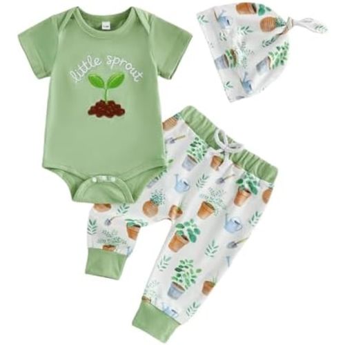 Newborn Baby Boy Summer Clothes Little Sprout Onesie Short Sleeve Romper Plants Pants Hat Set 3Pcs Coming Home Outfit