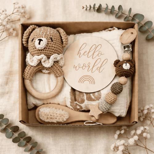 Personalized Newborn Gift Set,Handmade Crochet Baby Rattle Box,Custom Name Baby Shower Gift,Gender Neutral New Mom Gift,Baby Keepsake Box
