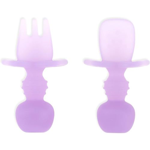 Bumkins Baby Utensils Set, Chewtensils Silicone Spoons for Dipping, Self-Feeding, Baby Led Weaning, Trainer Learning, First Stage Eating, Soft Practice Fork and Spoon, Babies 6 Months, Purple Jelly