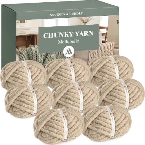 Mellobello Jumbo Chunky Yarn for Hand Knitting - Super Thick Chenille Chunky Yarn for Crocheting - Extra Soft Bulky Fluffy Blanket Big Yarn 8 Jumbo Pack (27yds,8 oz Each Skein) Khaki