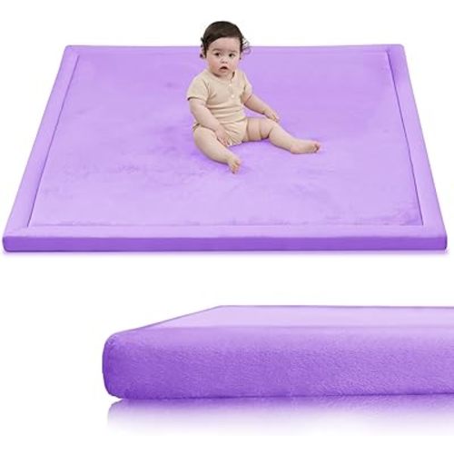 Baby Play Mat for Floor,1.3" Thick Elasti-Foam 50x50 Playpen Mat for Toddlers Infant kids,Water-Repellent Soft Coral Velvet for Tummy Time,Non-Slip Backing for Crawling,Tatami Style(Lavender)