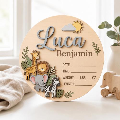 Personalized Safari Animals Birth Announcement Sign, Wooden Baby Name Plaque, Newborn Hospital Photo Prop, Jungle Nursery Decor, Baby Shower