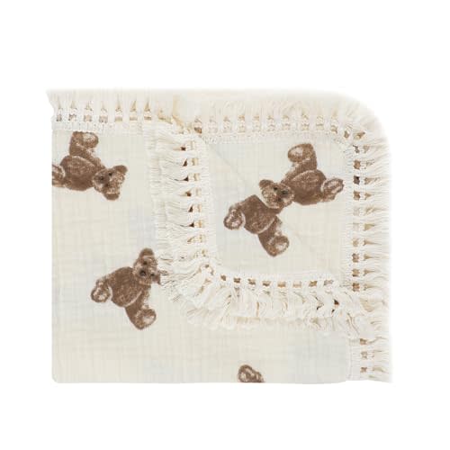 Baby Soft Double Muslin Thick Blanket Dotted Backing Cotton 40X55in Minky Blanket for Crib, Stroller, Travel, Decorative Shower Gifts Baby Essentials Girl&Boy (Single Bear)