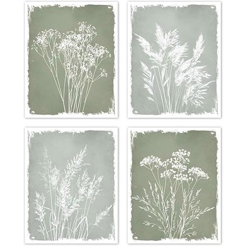 TLESKE Sage Green Vintage Spring Botanical Posters Prints Unframed 8x10 Set of 4, Rustic Floral Flower Wall Art Prints Decor for Farmhouse Bedroom Living Room, Boho Wildflower Wall Pictures