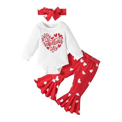 Baby Girl Valentine's Day Outfits Heart Print Romper+Flared Pants+Headband Infant Clothes 0-18 Months