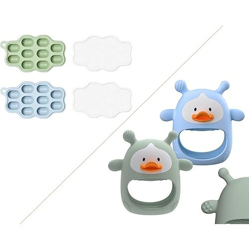 Baby Food Freezer Tray with Lid & Teething Toys Set, 2 Pack Silicone Baby Food Storage Trays + 2 Teething Mitten Toys for 0-12 Months, BPA Free Breastmilk Popsicle Mold, Chew Toys Bundle (Blue & Green