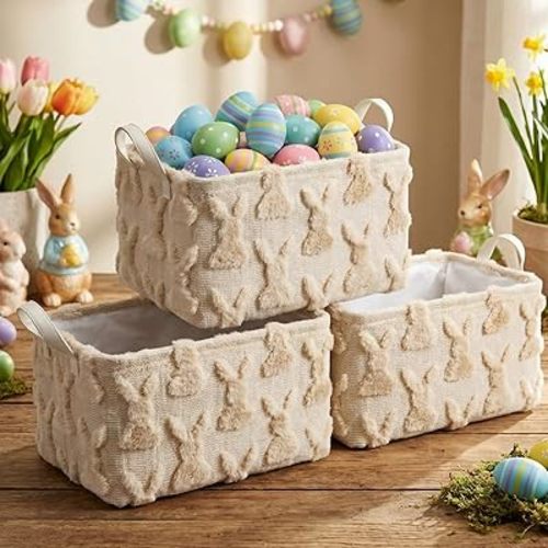 Kathfly Beige Rabbit Storage Baskets Easter Bunny Laundry Basket Plush Faux Fur Jacquard Design with Handles Waterproof Storage Bins Fabric Shelf Baskets for Easter Party Decorations