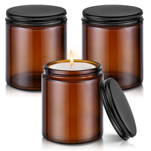Tecohouse 8oz Glass Jars with Lids, 3 Pack Candle Jars Amber-Metal Lids | Leakproof, BPA-Free, Empty Glass Containers with Blank Labels for Sample, Cream, Lotion, Honey, Powder