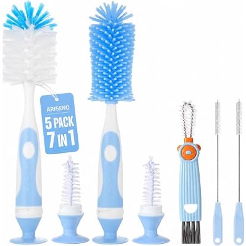 7-in-1 Baby Bottle Brush Set, Nylon & Silicone Bottle Brush - Blue