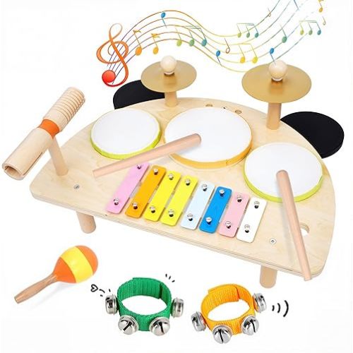 Kids Drum Set, Montessori Musical Instruments for Toddlers 1-3, Wooden Baby Musical Toys, Musical Activity Table Preschool Learning Xylophone Drum Kit, Christmas Birthday Gift for Boys Girls Ages 1-3
