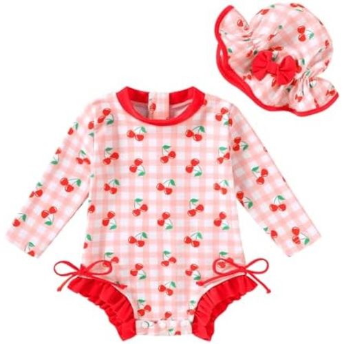 Infant Baby Swimsuit Girl Long Sleeve UPF 50+ Sun Protection One-Piece Rash Guard with Hat Zipper Bathing Suit