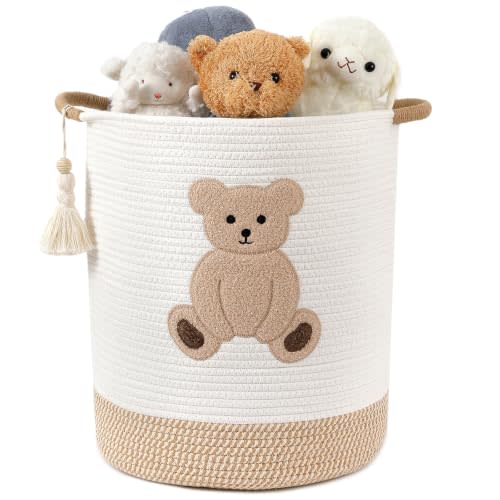 51L Baby Hamper for Nursery Bear Laundry Basket Stuffed Animal Storage Bins | Collapsible Washing Basket Dirty Clothes Hampers for Kids, Woven Blanket Basket Toy Organizer Bear Hamper with Handles