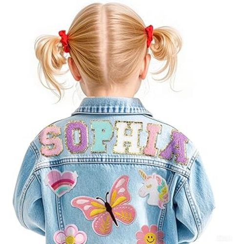 Personalized Kids Denim Jacket with Names, Custom Girls Jean Jackets Clothes, 1-14 Year Old Girl Boy Birthday Easter Gifts, Outerwear Spring & Fall Long Sleeve Jackets for Toddlers Girls Boys