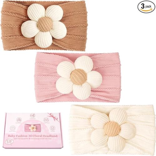 CÉLLOT Baby Flower Headbands Baby Girls Nylon Headbands Baby Essentials Stretchy Hairbands Handmade Hair Accessories for Newborn Infant Toddlers Kids (Pink,Brown,Beige)