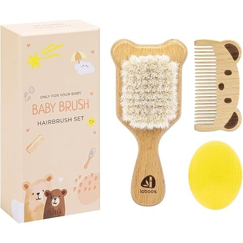 Baby Hair Brush and Comb Set for Newborns & Toddlers - Wooden Handle and Natural Soft Goat Bristles,Gentle Cradle Cap Care,Baby Massage and Scalp Brush,Ideal Baby Registry Gift,Beech with Cute Bear