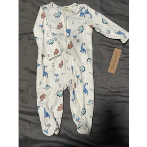 Liam & James Footed Zip One-Piece Sleeper Dinosaur Print White/Blue/Orange 0-3M