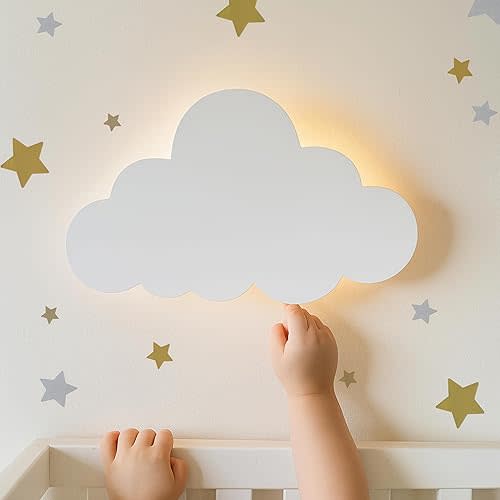 Nursery Night Light – Dimmable Cloud Wall Light for Kids and Baby Room Decor – Rechargeable LED Light with Touch Control for Bedtime Routines (Star Decals Included)