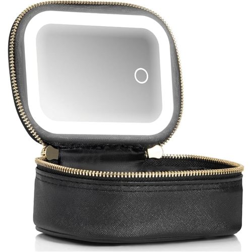 Mini Makeup Bag with Led Mirror, Small Travel Make up Bag 3 Light Modes Adjustable Brightness, for Women Organizer Cosmetic Bag, Portable Travel Train Toiletry Bag, for Pool Parties Work Touch-Ups