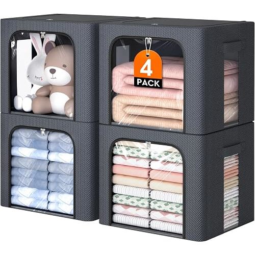 Metal Frame Clothes Storage Bins, Light Grey, 40L, 4 Pack