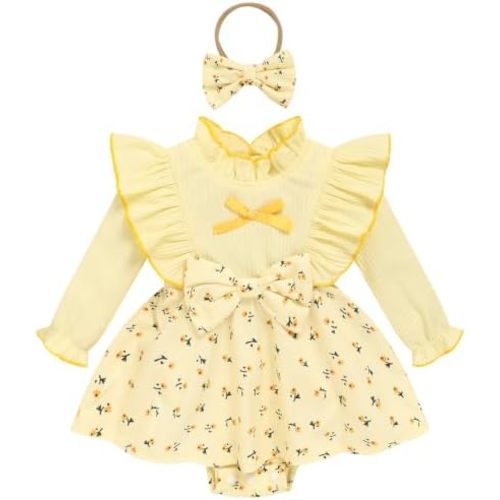Baby Girls Romper Dress Long Sleeve Ruffle Ribbed Knit Fall‑Winter Bodysuit