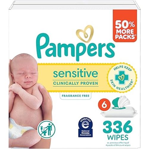 Pampers Baby Wipes, Sensitive, Water Based Wipe, Clinically Proven, Hypoallergenic, and Unscented for Babies, 336 Wipes Total (4 Flip-Top Packs)