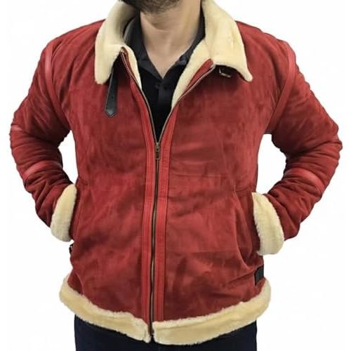 Christmas Red Suede Leather Jacket - Shearling Fur Outfit Men's
