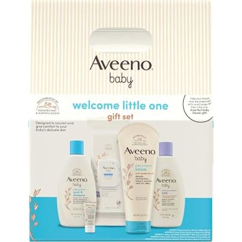 Aveeno Baby Welcome Little One Gift Set, Baby Essentials Set with Daily Moisture Wash and Shampoo, Calming Comfort Bath, Sensitive All Over Wipes, Body Lotion, & Healthy Start Balm, 5 Items
