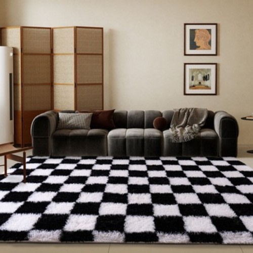 LOVEVOOK Black and White Checkered Rugs for Living Room, 6x9ft Area Rugs Non-Slip Shag Fluffy Soft Rug, Carpet for Bedroom, Dorm Home Decor Aesthetic