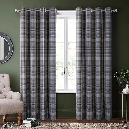 always4u Plaid Gingham Curtains for Living Room Bedroom Room Darkening Check Country Curtains 2 Panels Striped Grommet Window Treatments 54X84 Inch Blue and Brown