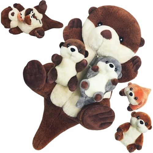 5 PCS Sea Otter Stuffed Animals, Stuffed Otter Plush with Babies Inside - Soft Mommy Otter Pillow Toy with 4 Babies Plushies in Zippered Belly for Kids Christmas Birthday Gifts Ocean Party Decors
