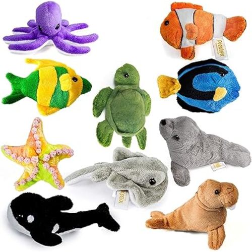PREXTEX 10 animales marinos de peluche suaves – Pequeños animales de peluche a granel – Juego surtido de vida marina de felpa, tortuga, mantarraya, pez Nemo, ballena asesina y más – Animales de