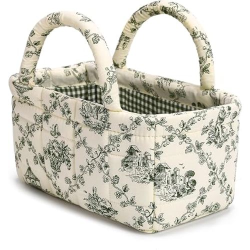 Small Storage Basket Organizer, Mini Fabric Floral Storage Baskets with Handle, Quilted Portable Collapsible Storage (Vine-Green)