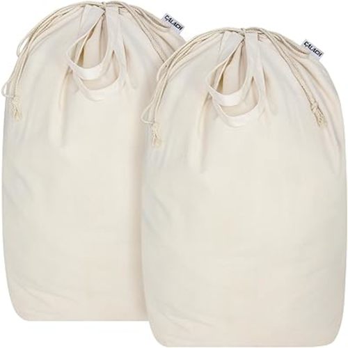Canvas Laundry Bags with Handles & Square Base13.8"x 13.8", Large Heavy Duty Laundry Hamper Bag, College Dorm Washable Drawstring Canvas Dirty Clothes Sack (Beige,2 Pack)