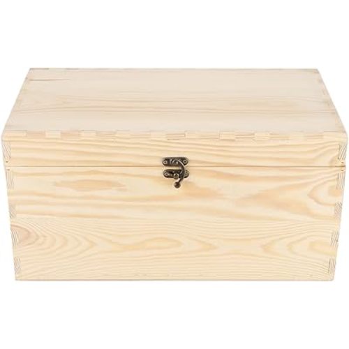 JJSQ Large Wooden Storage Box with Hinged Lid Rectangle Unfinished Unpainted Accessories Storage Wood Box for Crafts DIY Decoration Natural 13.8" x 7.9" x 7.1"