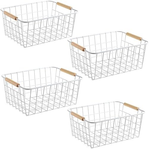 LeleCAT White Wire Baskets for Organizing with Handles,Pantry Organizers and Storage For Kitchen, Household Snack Basket for Cabinets, Closets, Bedrooms,food - Set of 4(White)