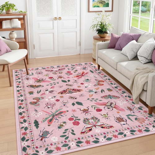 Wonnitar 5'x7' Area Rug Insect & Botanical Washable Rug - Soft Modern Pink Girls Rug for Bedroom, Non-Slip Ultra-Thin Stain Resistant Area Rug for Living Room, Nursery
