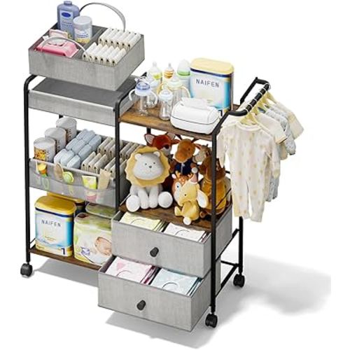 BBLIKE Diaper Caddy Organizer with Hanging Rack - 3 Tier Rolling Baby Storage Cart with Drawers and Side Pockets for Newborn Diaper Organization for Nursery, Crib, Bedroom, Changing Table, Gray