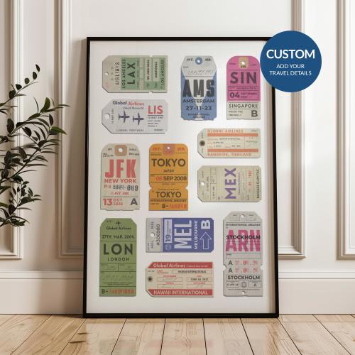 Custom Luggage Tag Poster, Vintage Airport Tag Wall Art Print, Birthday Anniversary Gift, Travel lover Present, Traveller City Personalized