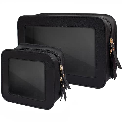 FFpaw 2 Pcs Travel Clear Makeup Bag Set, Clear White Makeup Organizer with Zipper Leather Travel Bags for Toiletries Small Cosmetic Bags for Women Mini Make up Pouch Toiletry Bags Car Essentials