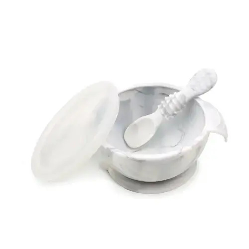 Marbled Silicone Baby Feeding Set with suction Bowl, Spoon + Lid | Bumkins