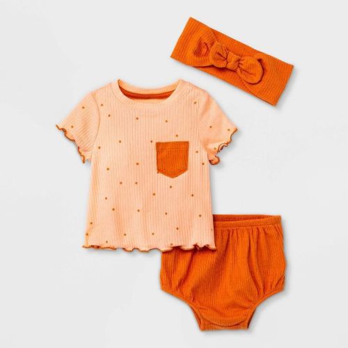 Baby Girls' Peach Dot Rib Short Sleeve Top & Bottom Set with Headband - Cat & Jack™ Peach Orange