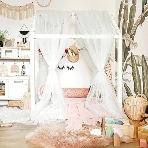 NICETOWN Beige Kids Bed Canopy for Bedroom - Decorative Soft Voile Sheer Window Scarf DIY Ascot Top Bed Scarf for Children Room, W114 x L180, 1 Panel