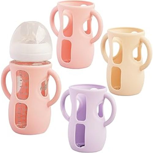 3 Pack Silicone Sleeves for Avent Natural Glass Baby Bottles, Anti Breakage Baby Bottle Holder, Compatible with Philips Avent Glass Natural Baby Bottle (Cute Pink+Light Purple+Beige, 8 OZ)